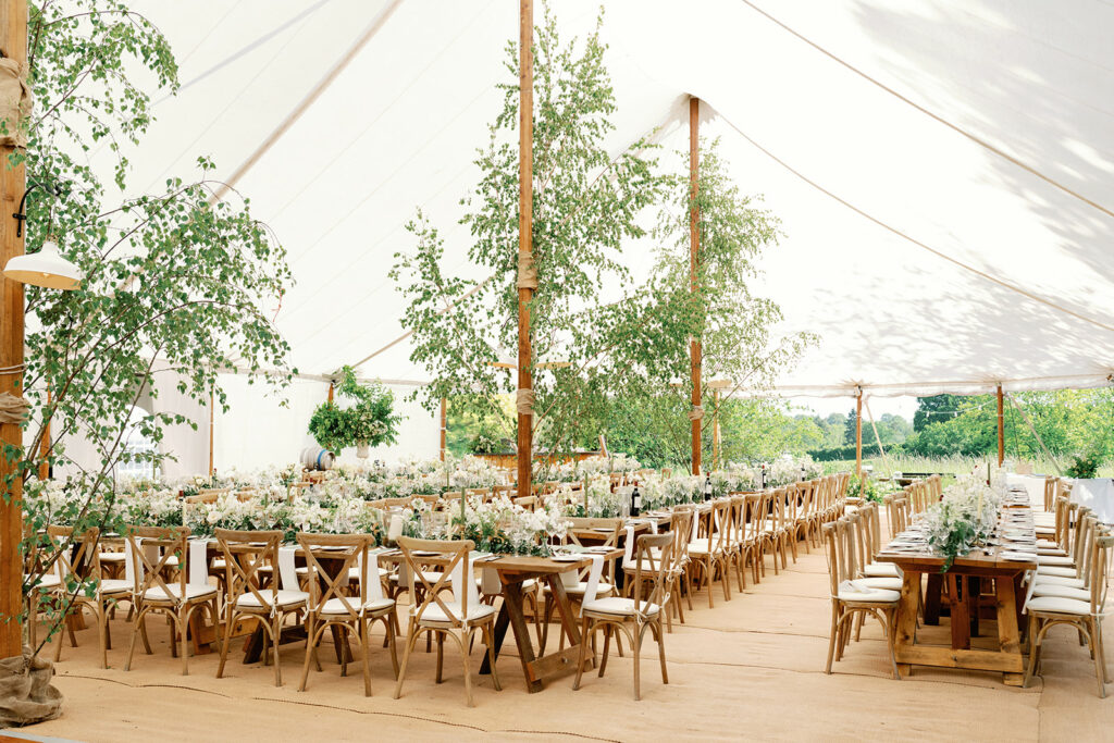Wedding in Sailcloth Tent, Set for Wedding Breakfast with Foliage and Greenery