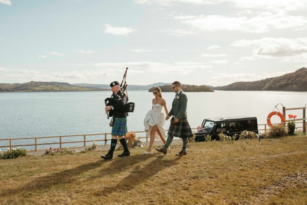 Bride and Groom with Scottish Piper